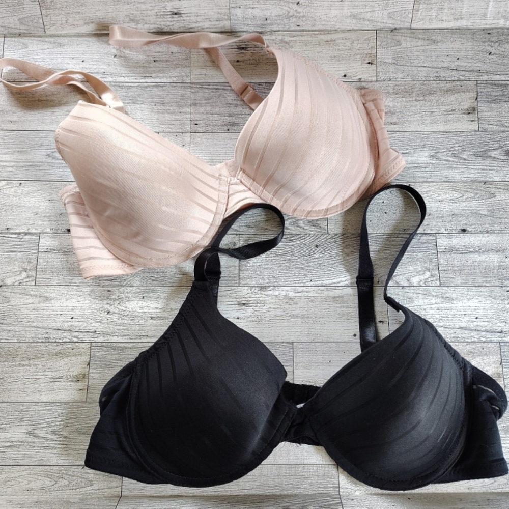 Black & Nude Sheer Stripe Lightly Padded Underwire Bra Duo Size 38C GUC